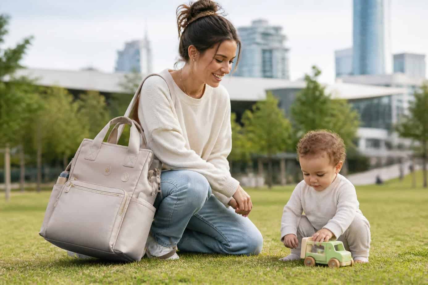 A young mother with a toddler in a park carrying a modern, stylish diaper bag.
