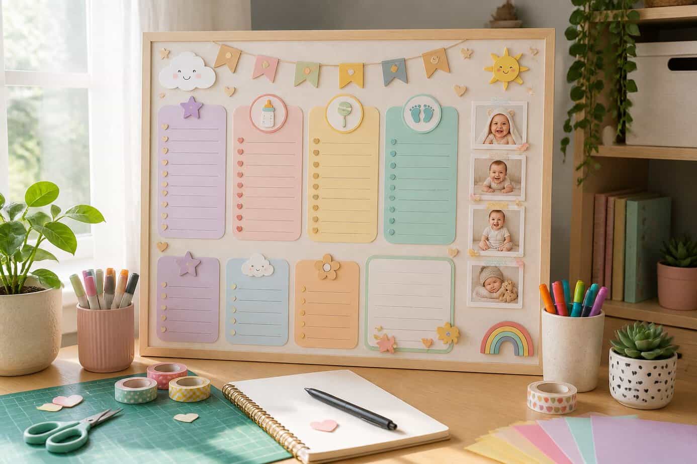 A customized milestone board displayed on a wooden desk in a bright, organized home craft room with crafting supplies and natural light.