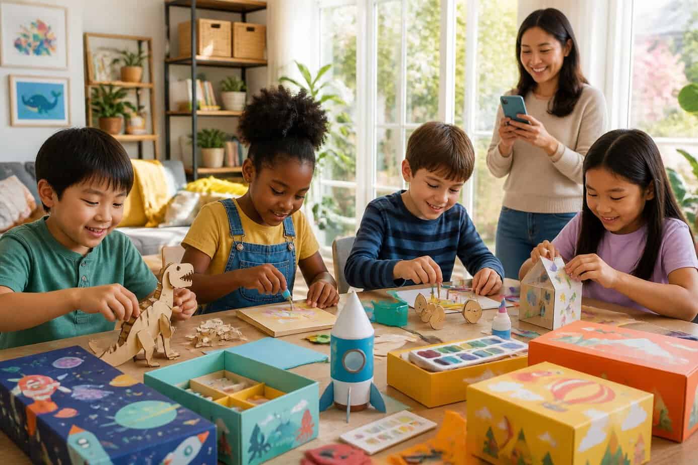 Children happily making crafts with colorful subscription kits at a table while a mom watches nearby holding a smartphone.