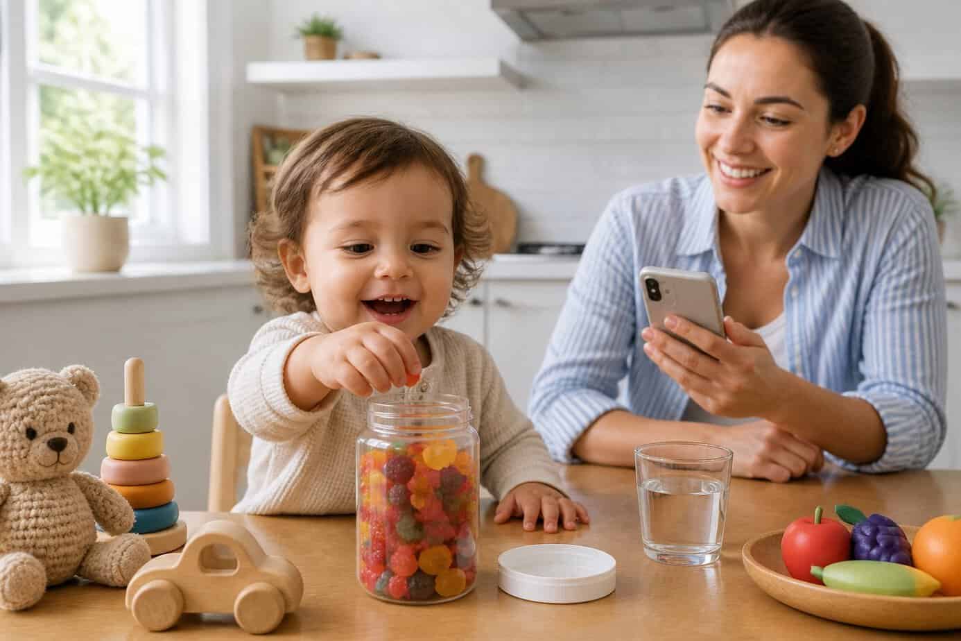 A toddler reaching for a jar of colorful probiotic gummies on a kitchen table while a smiling mother watches nearby.