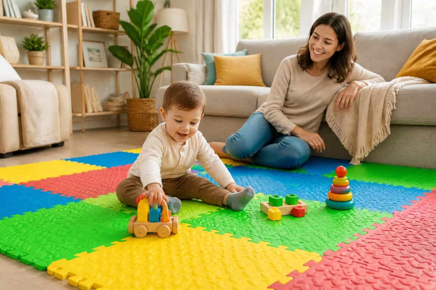 A toddler playing on colorful foam play mats on the floor with a mother watching nearby in a bright living room.