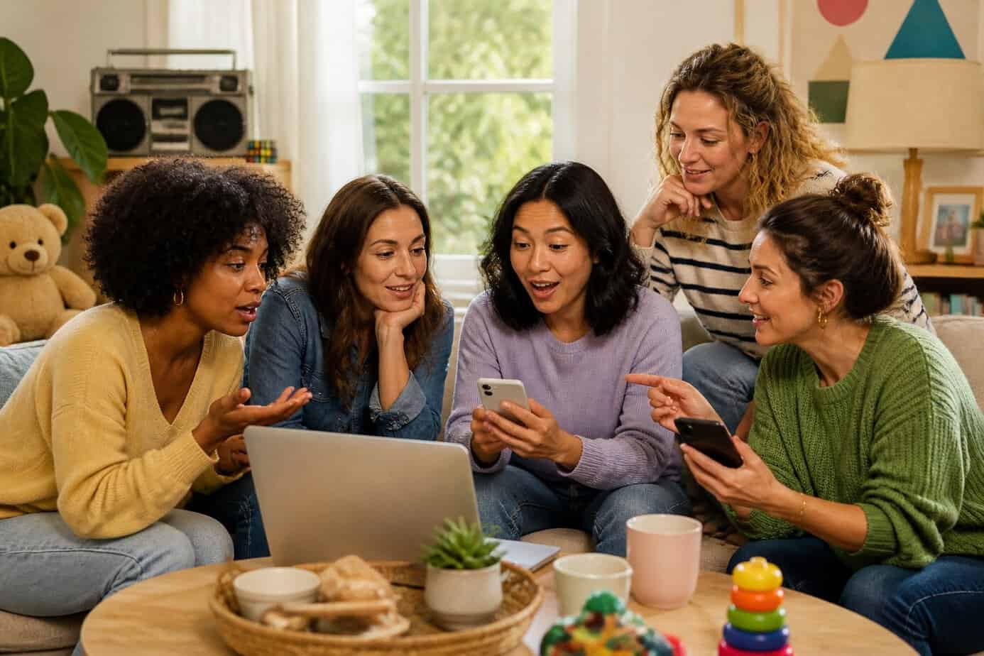 A group of mothers sitting together in a living room, using laptops and smartphones while talking and sharing parenting advice.