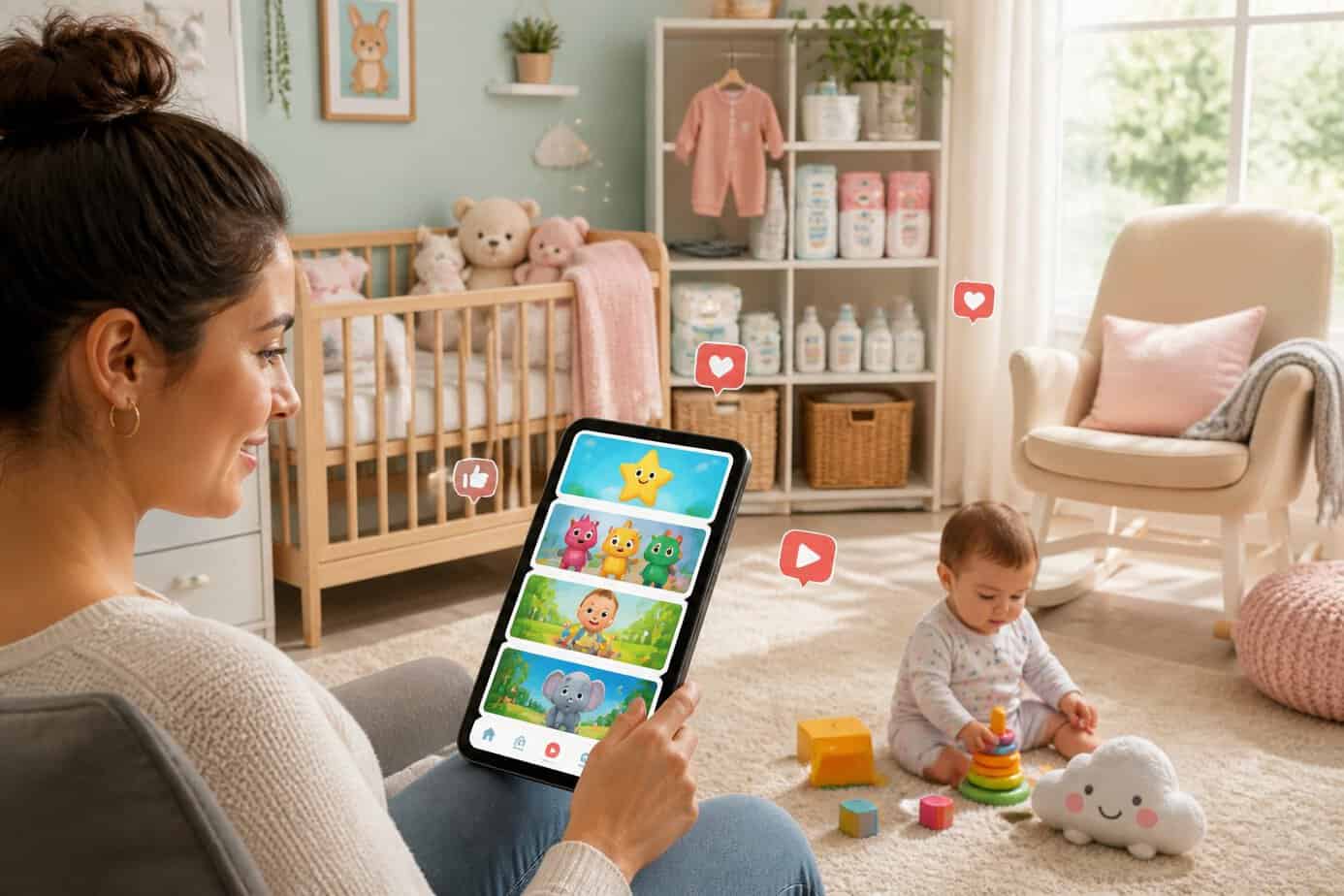 A mother in a nursery room using a tablet showing a children's video playlist while her baby plays nearby among toys and baby items.