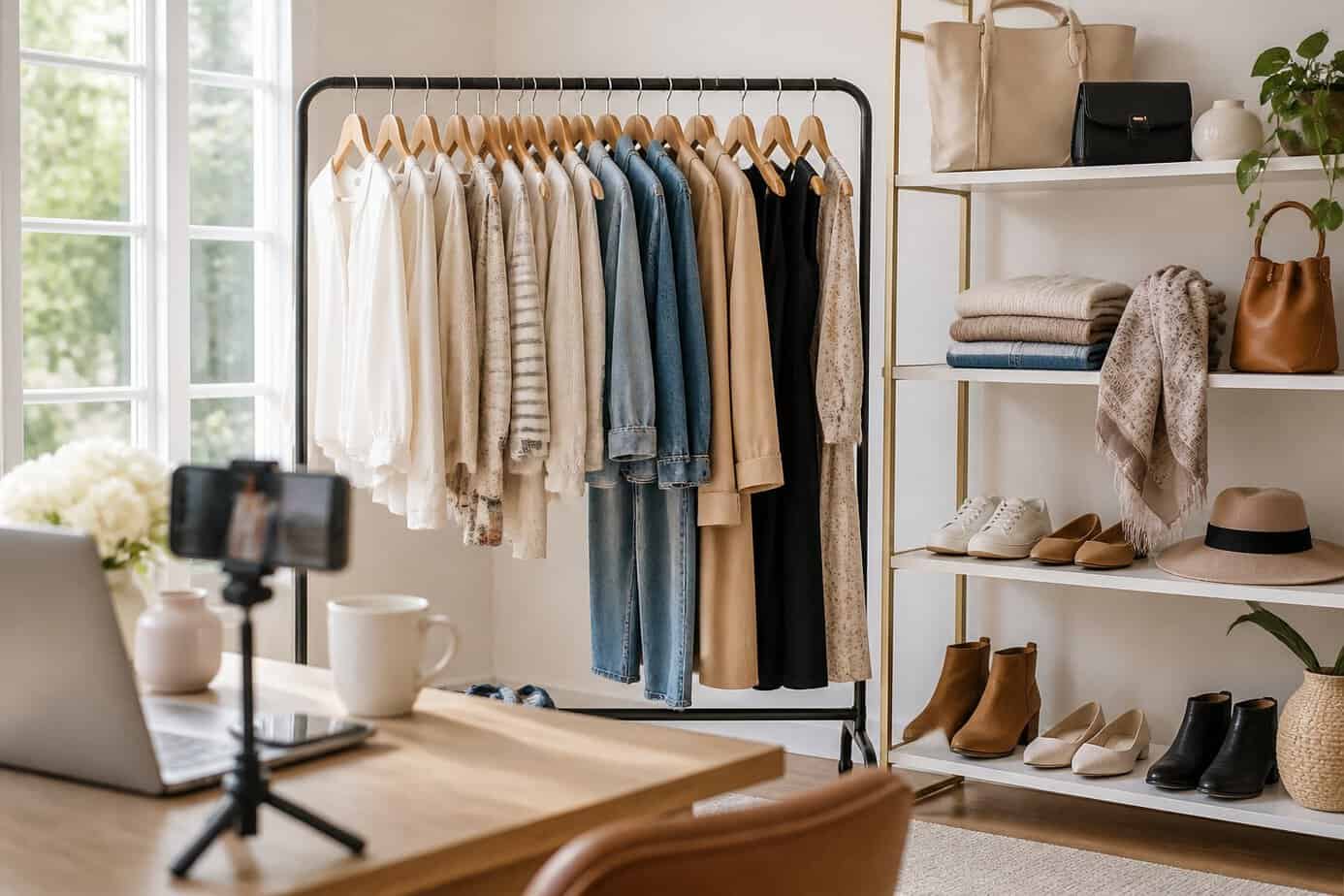 A bright room with a neatly organized clothing rack and accessories arranged for a capsule wardrobe, with natural light coming through windows.