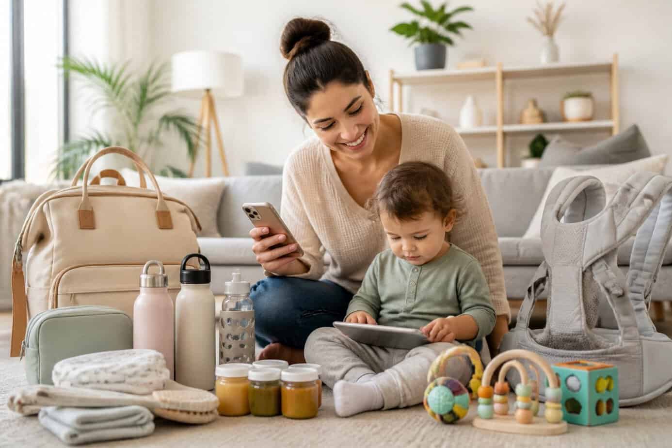 A smiling mother in a bright living room with her toddler playing nearby, surrounded by modern baby and parenting products.