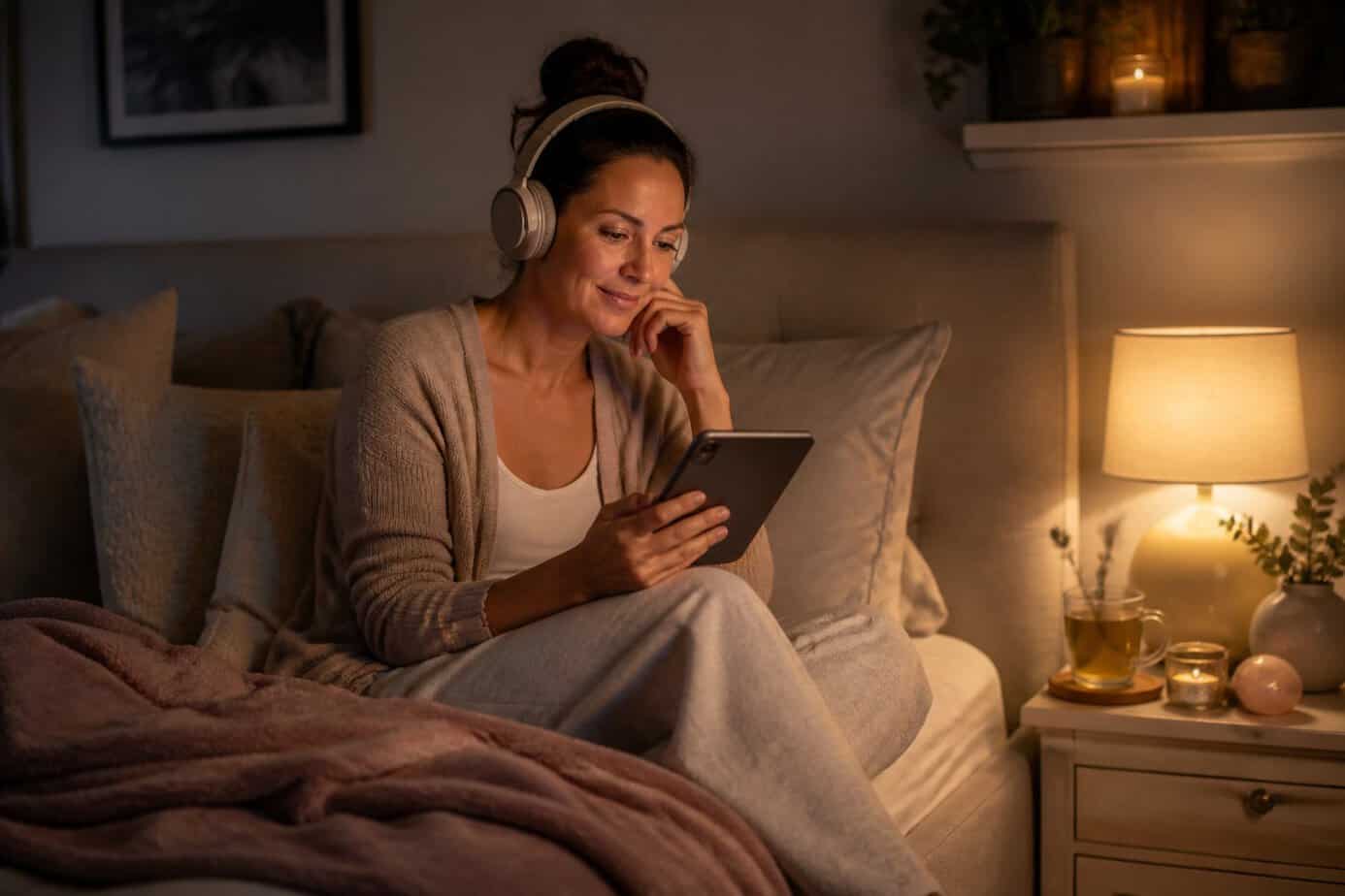 A mother sitting on a bed at night wearing headphones and using a smartphone, surrounded by a cozy bedroom setting.