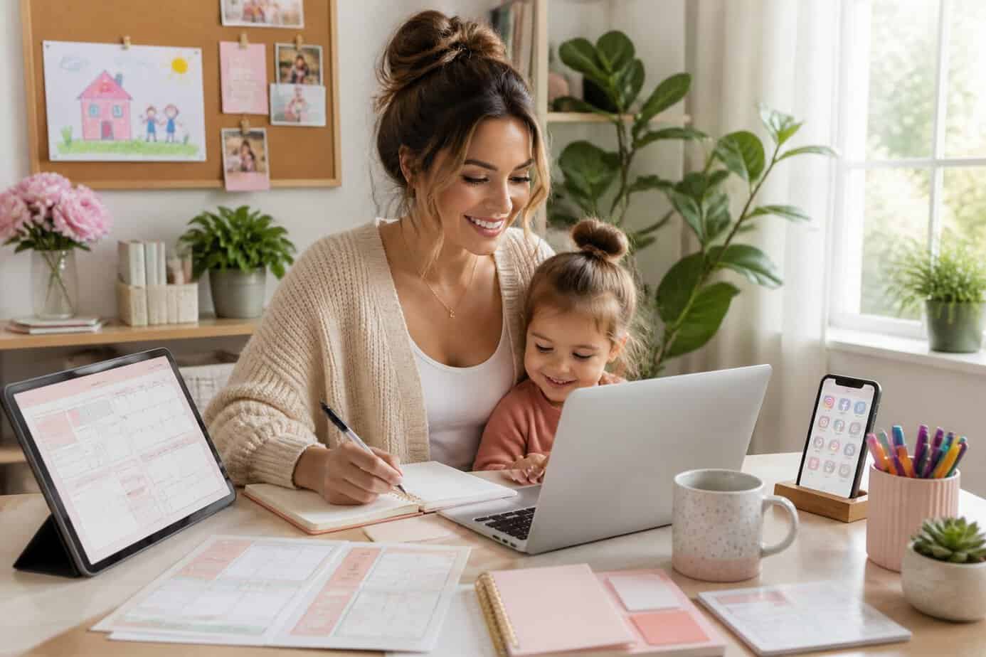 A mom working at a desk with a laptop, tablet, and planner materials in a bright home office.