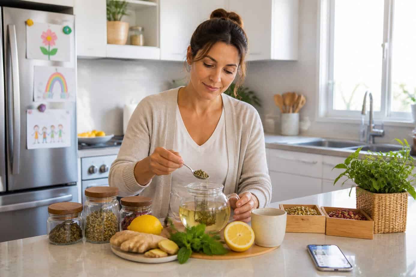 A mom preparing a cup of herbal tea in a modern kitchen with fresh ingredients and a smartphone on the counter.