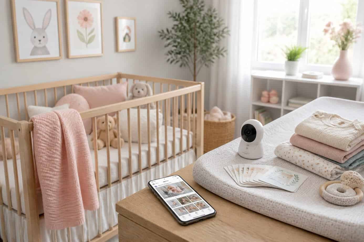 A cozy baby nursery with a crib, baby blankets, toys, a smartphone on a changing table, and baby essentials arranged neatly.