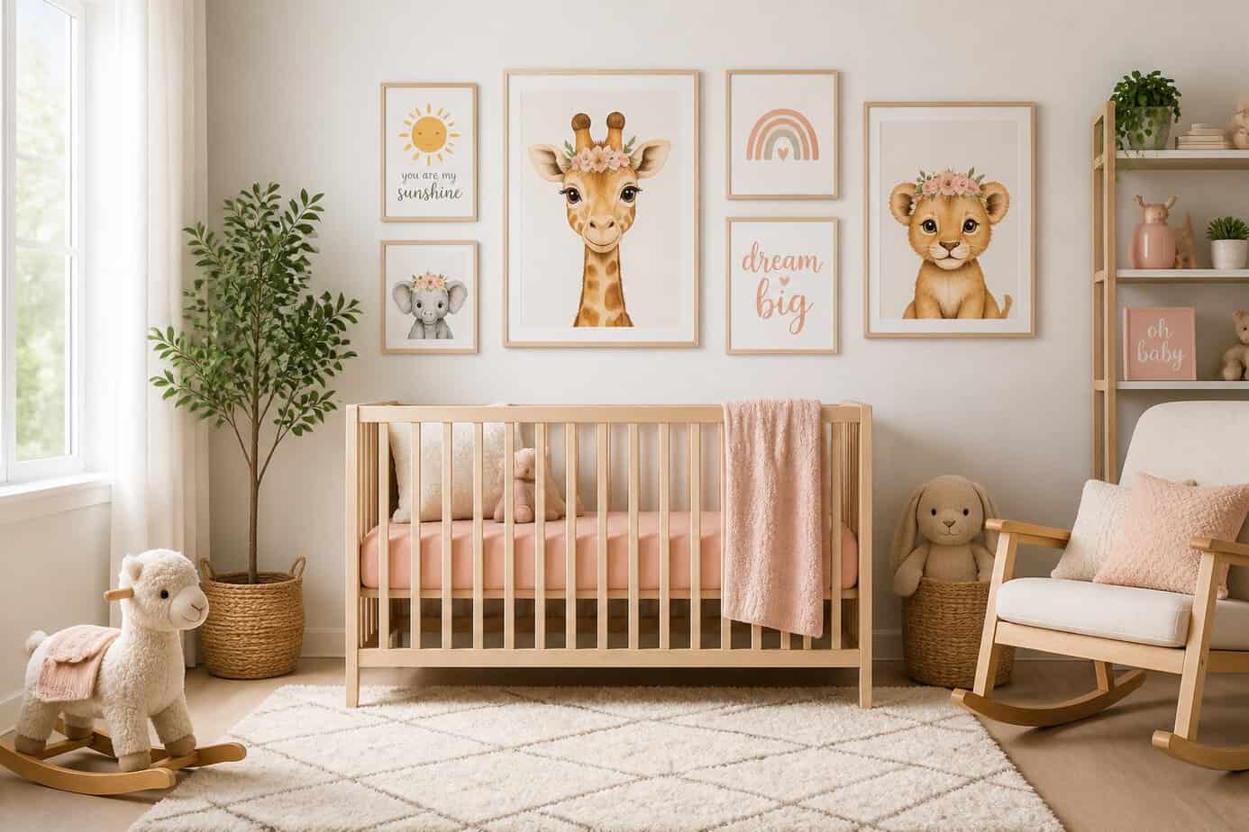 A cozy nursery with a crib, colorful animal-themed wall art prints, a rocking chair, stuffed animals, and natural light coming through a window.