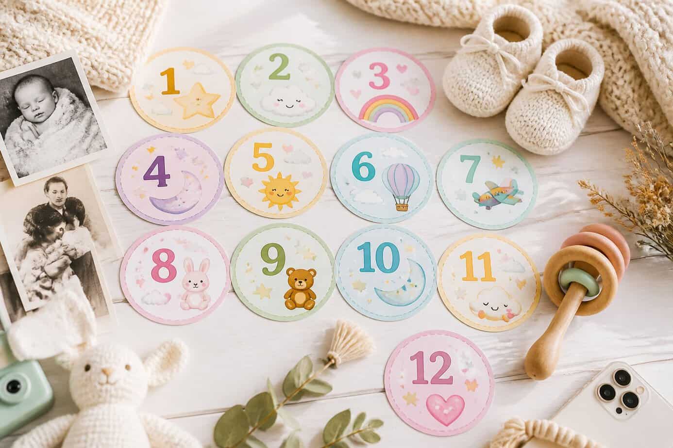 A collection of colorful monthly milestone stickers for babies arranged on a white wooden surface with baby shoes, a knitted blanket, and a vintage rattle nearby.