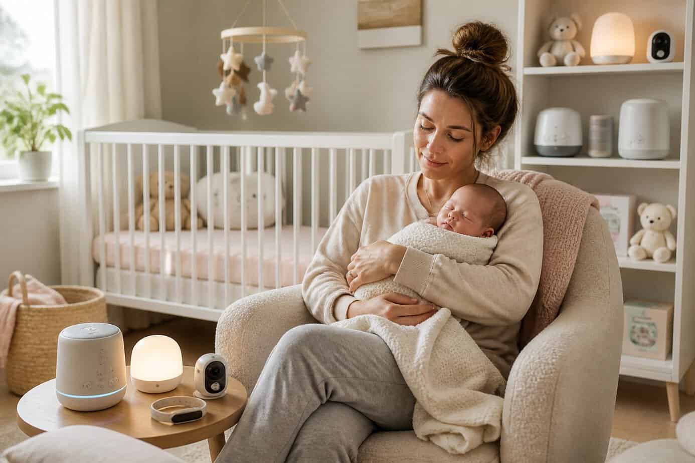 A mother sitting in a nursery holding her sleeping baby surrounded by sleep-coaching products and a cozy crib.
