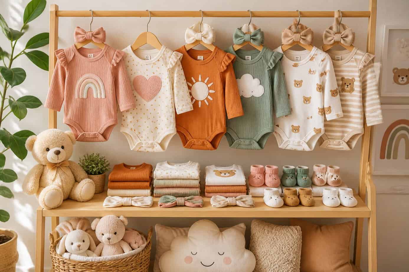 A nursery shelf displaying colorful baby milestone outfits and accessories arranged neatly with soft toys in the background.