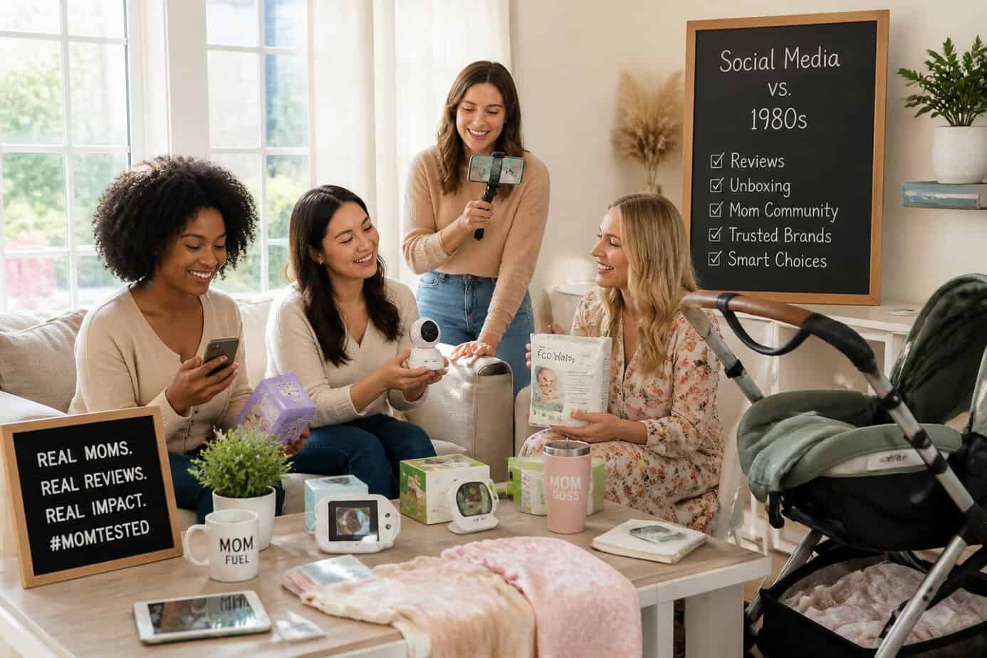 A group of moms testing and reviewing baby and household products together in a bright living room.