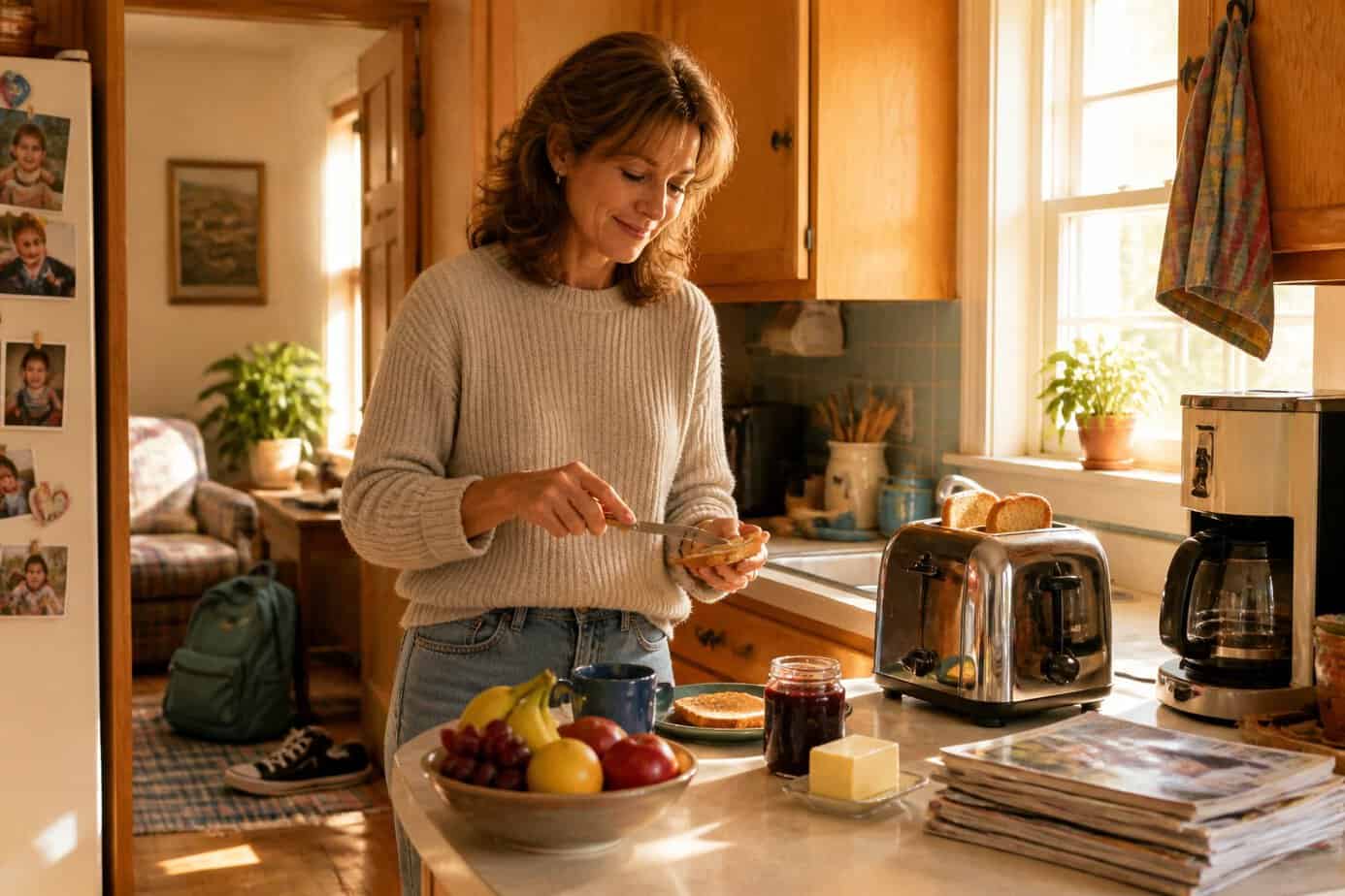 A smiling middle-aged woman preparing breakfast in a sunlit kitchen with a child’s backpack in the background.