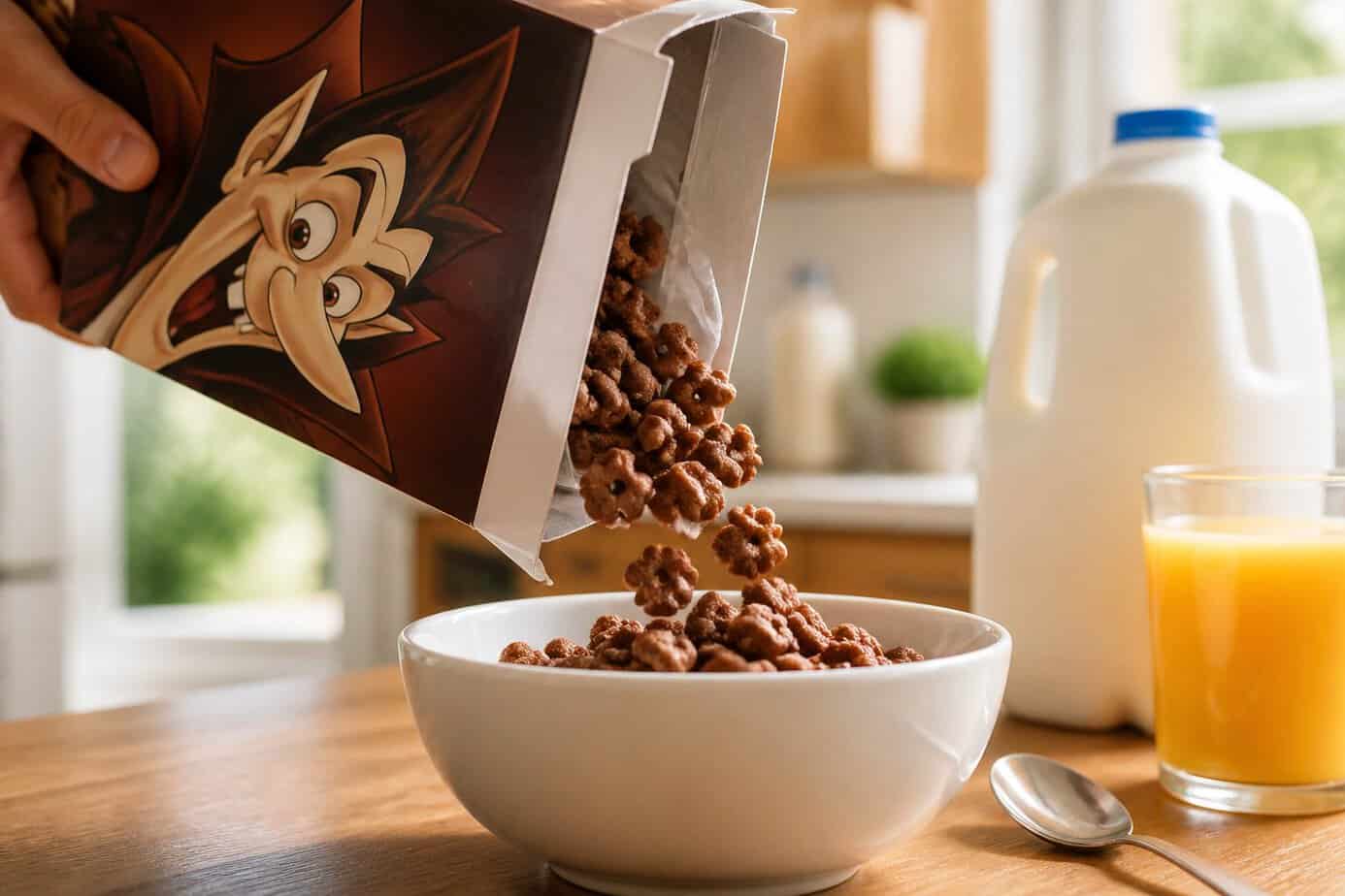 A hand pouring colorful Count Chocula or Franken Berry cereal into a white bowl on a kitchen table with morning light.