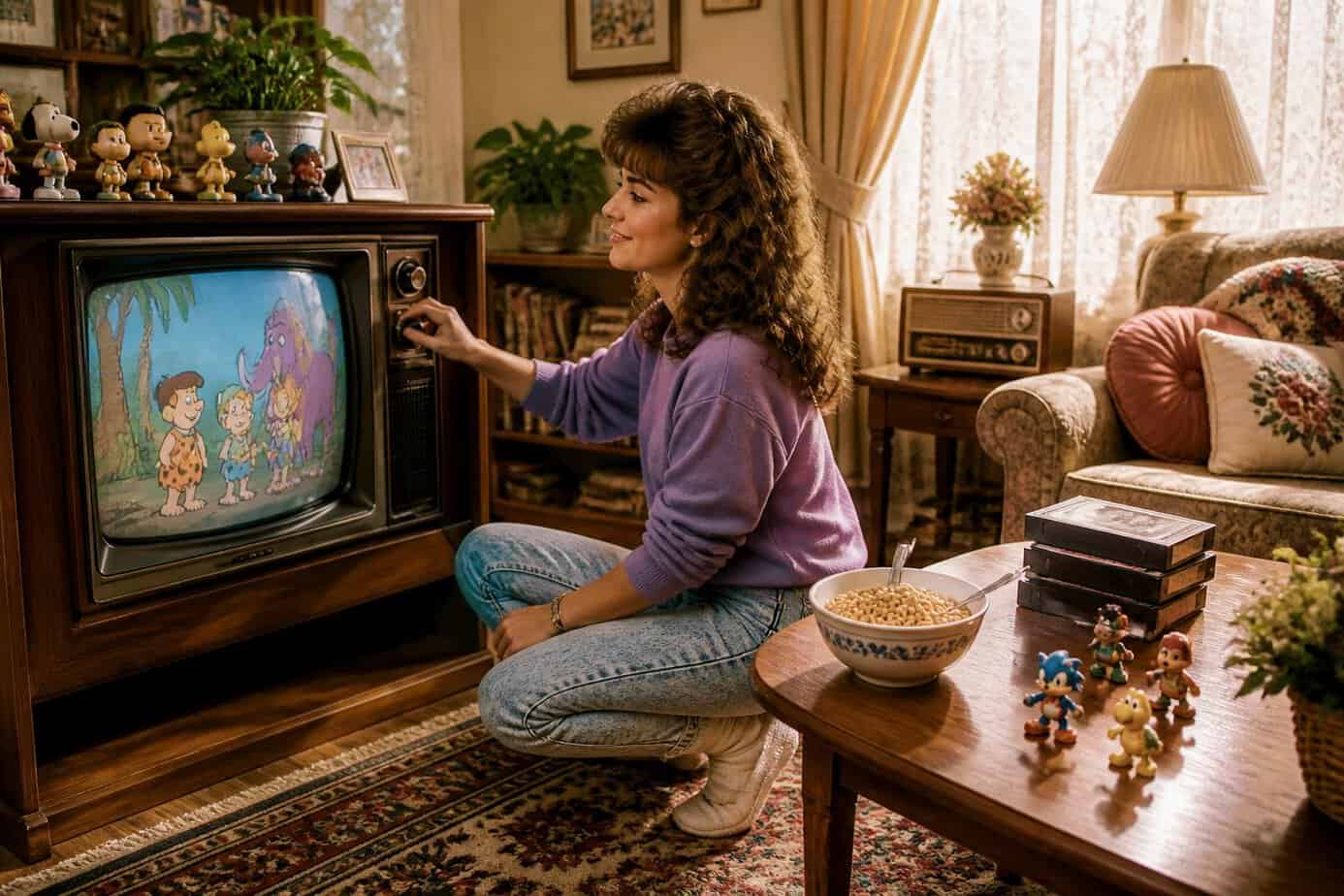 A mom adjusting the dial on a vintage television in a cozy living room filled with 1980s decor and cartoon memorabilia.