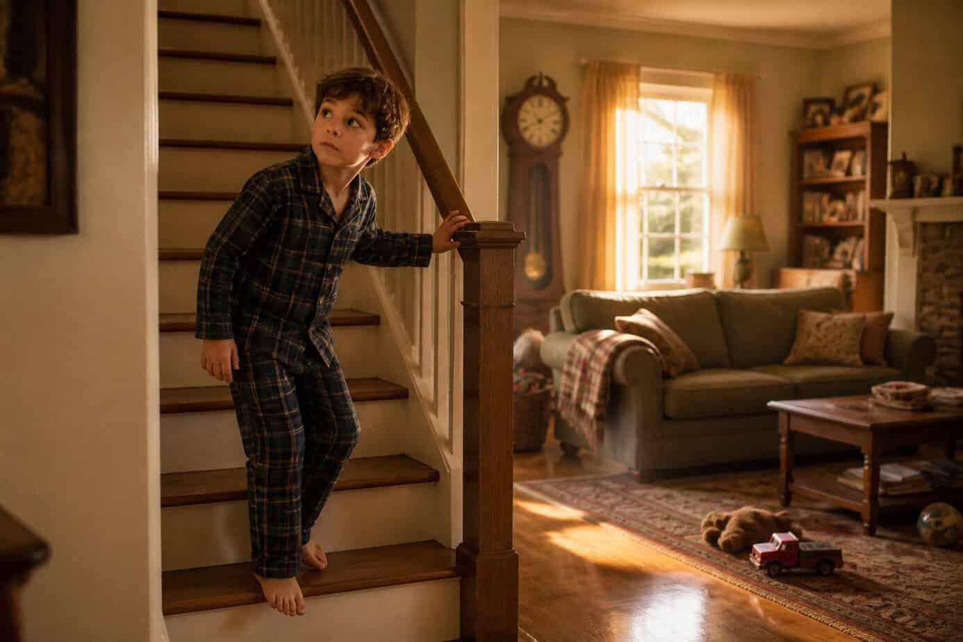 A young child in pajamas quietly sneaking down a staircase in a cozy home early on a Saturday morning.