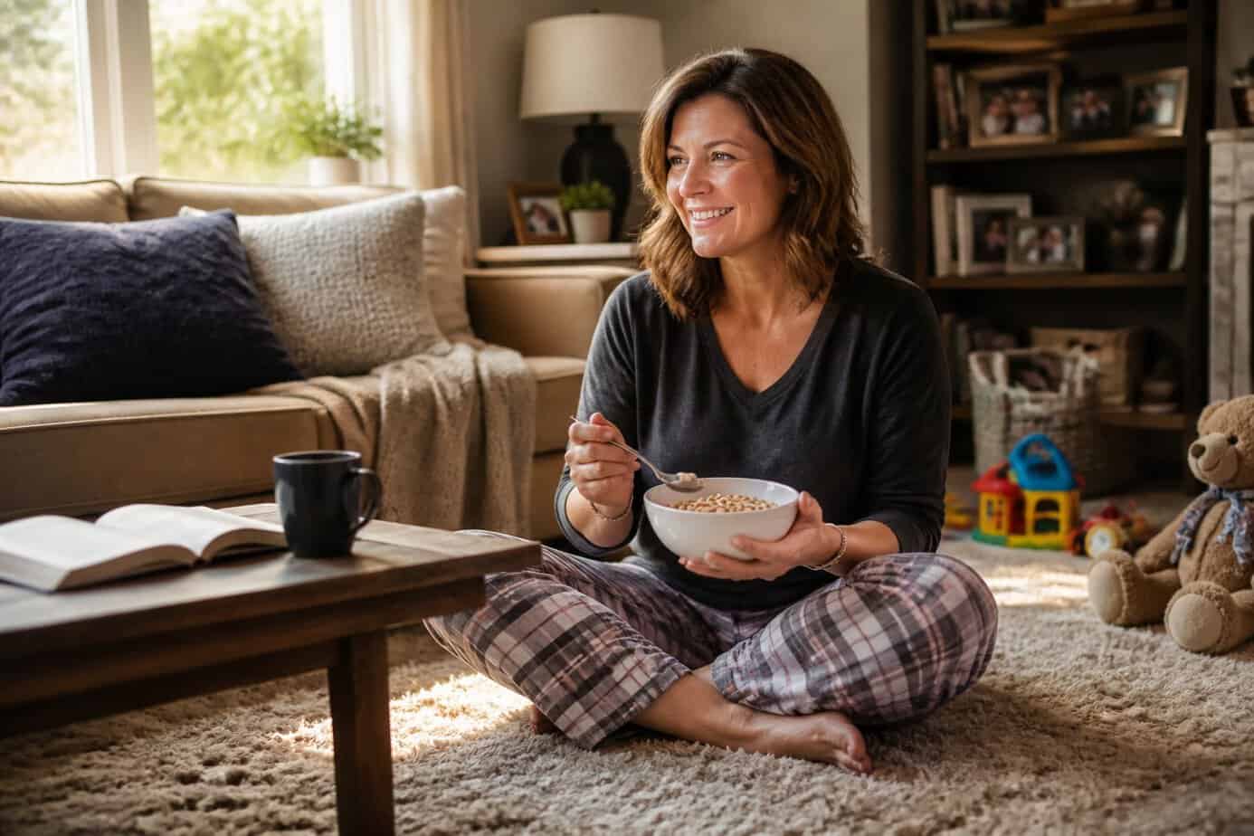 A woman sitting on a living room carpet holding a bowl of cereal on a bright morning.