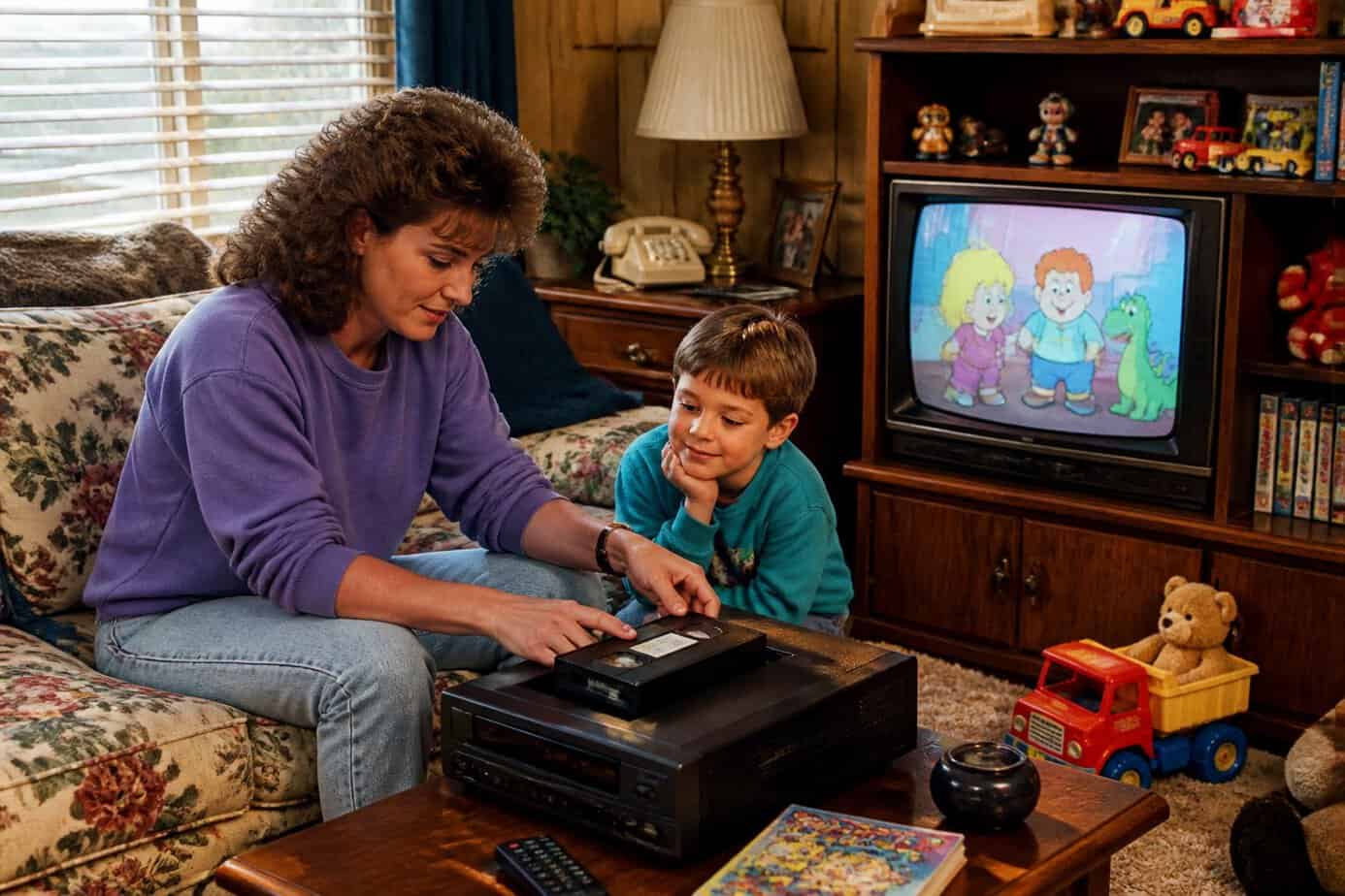 A mother rewinding a VHS tape on a VCR in a living room while a child watches a paused cartoon on a vintage television.