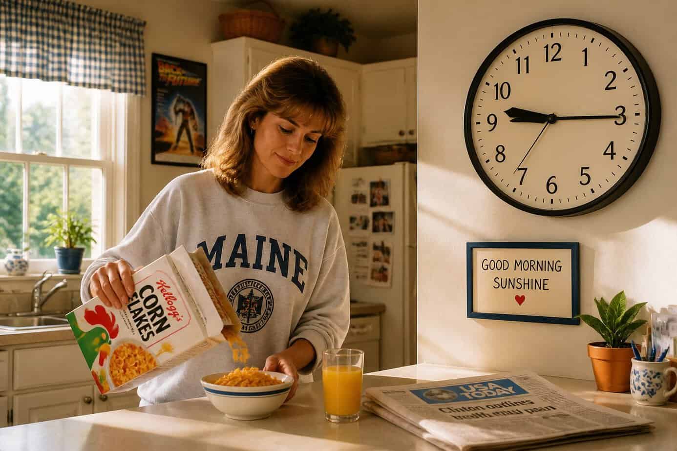 A mom preparing breakfast in a kitchen with a wall clock showing morning time.