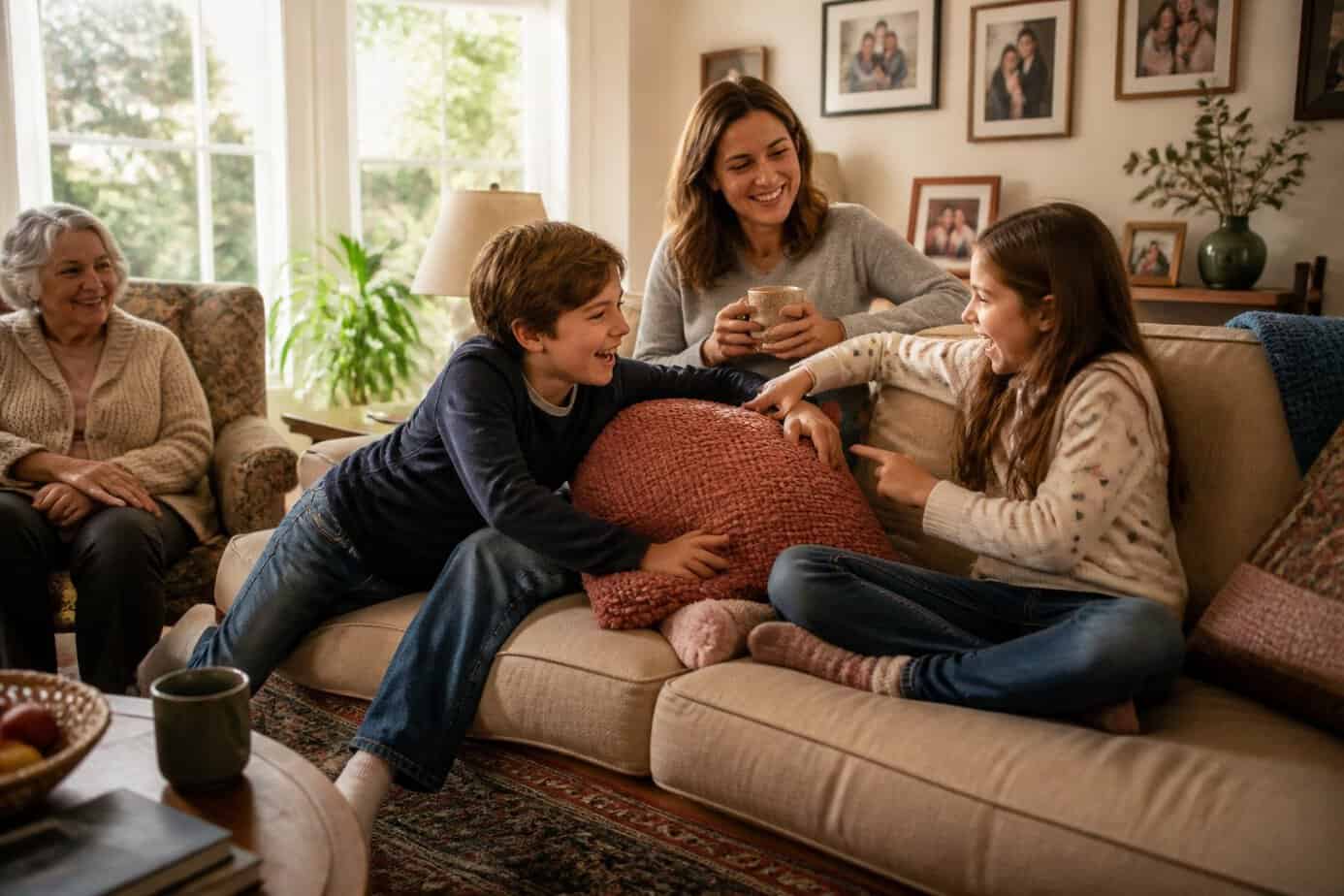 Two children playfully arguing over the front row seat on a couch while their mother watches and smiles in a bright living room.