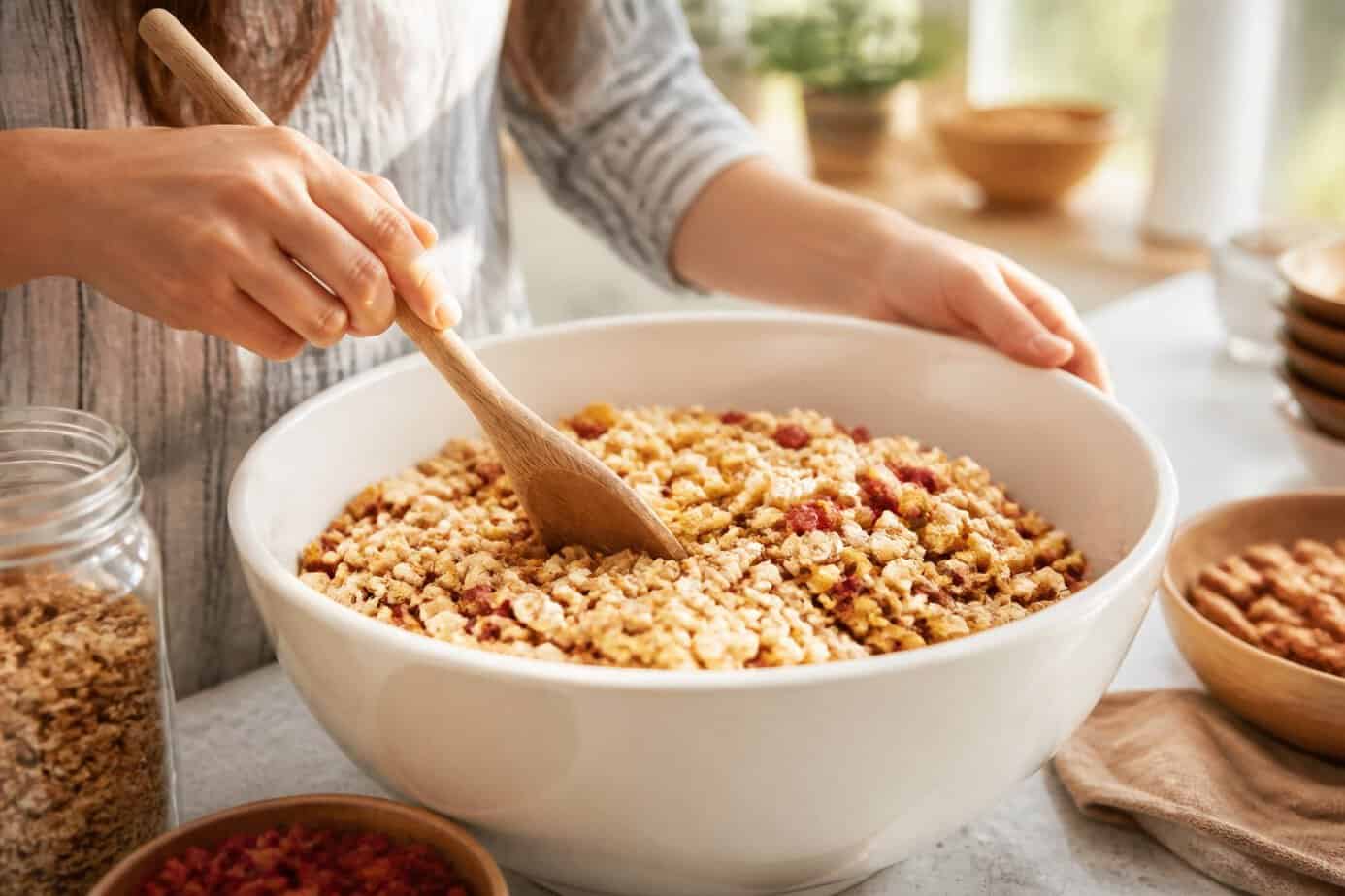 A large bowl filled with a mix of different cereals being stirred by a woman's hands in a sunlit kitchen.