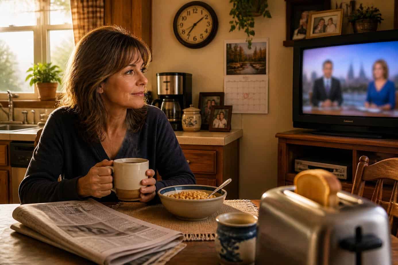 A middle-aged woman sitting at a kitchen table with a cup of coffee, looking toward a television in a cozy morning setting.