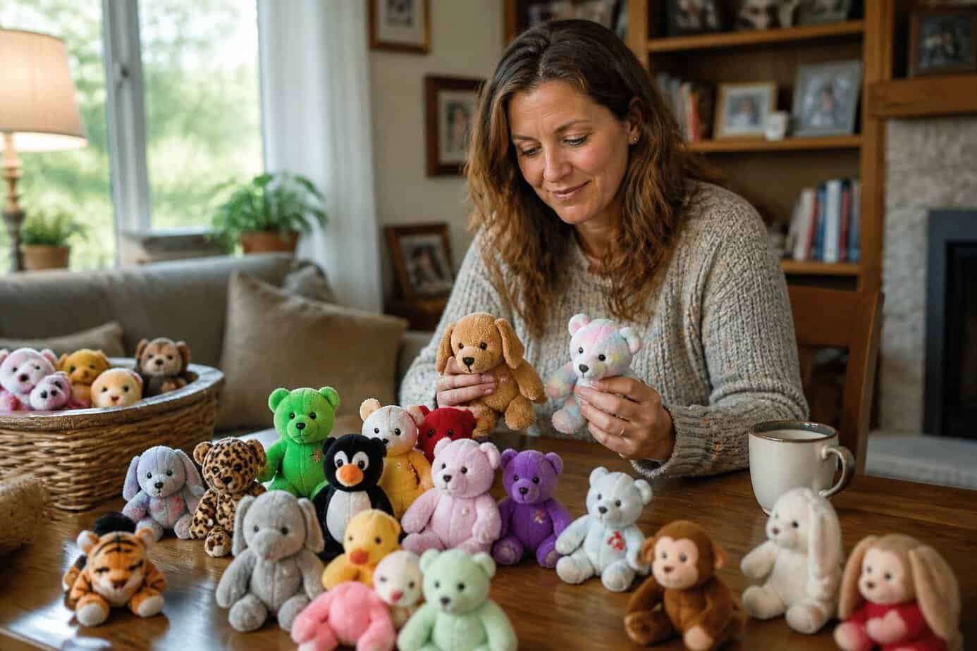 A woman sorting a collection of colorful Beanie Babies on a wooden table in a cozy living room.