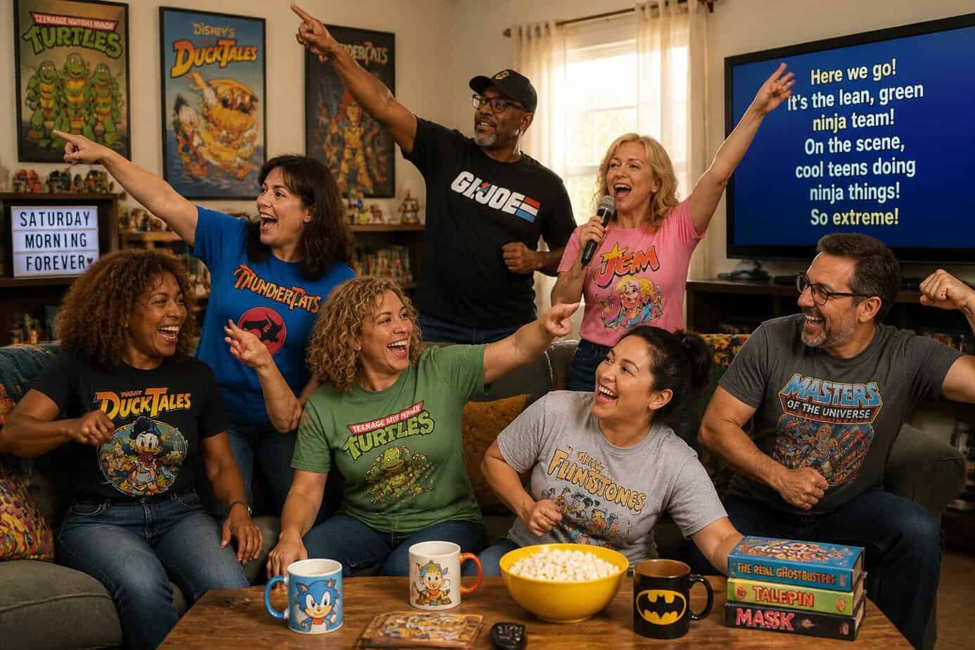 A group of middle-aged friends happily re-enacting cartoon theme songs together in a cozy living room.