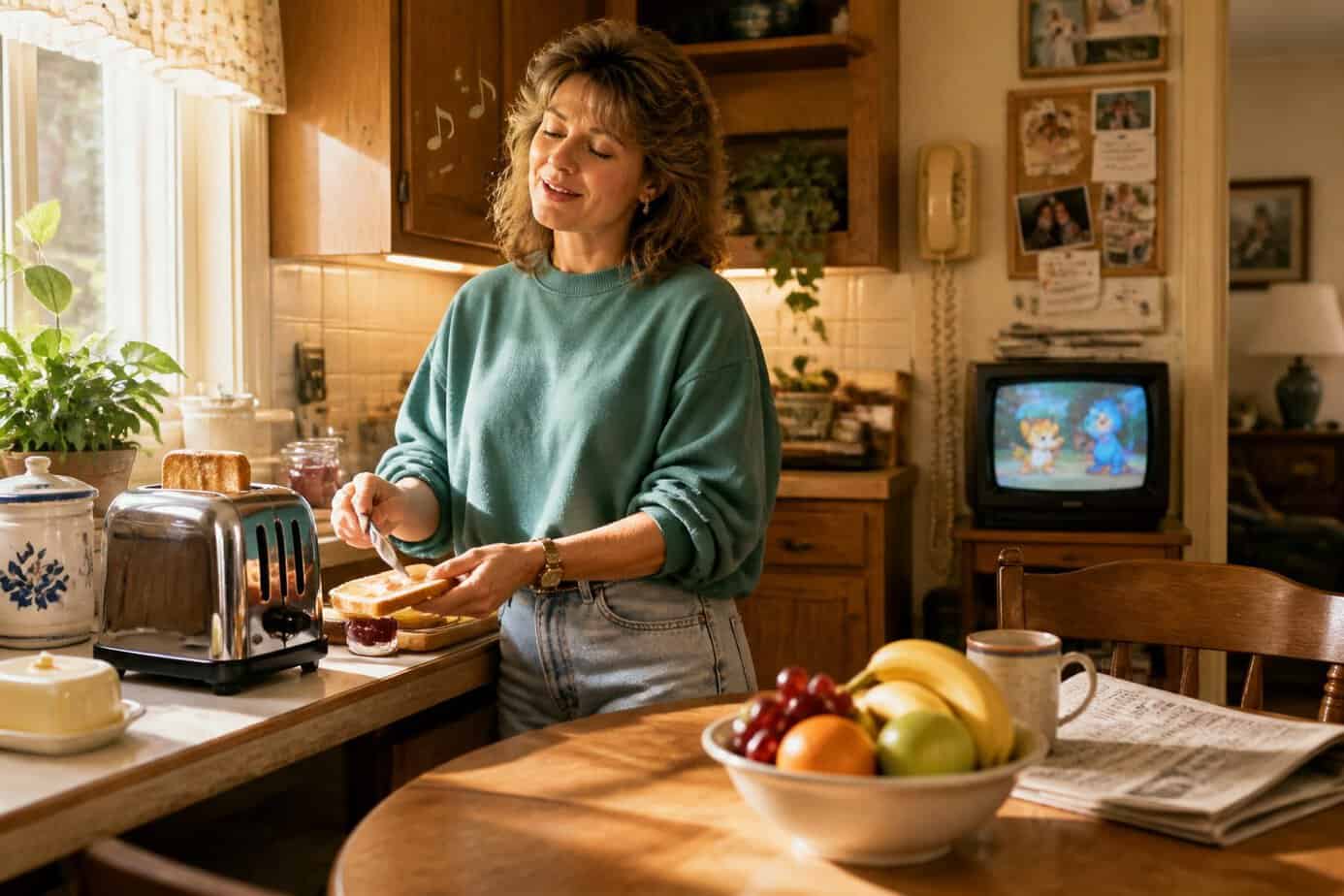 A Gen X mom humming happily while preparing breakfast in a bright, cozy kitchen on a Saturday morning.