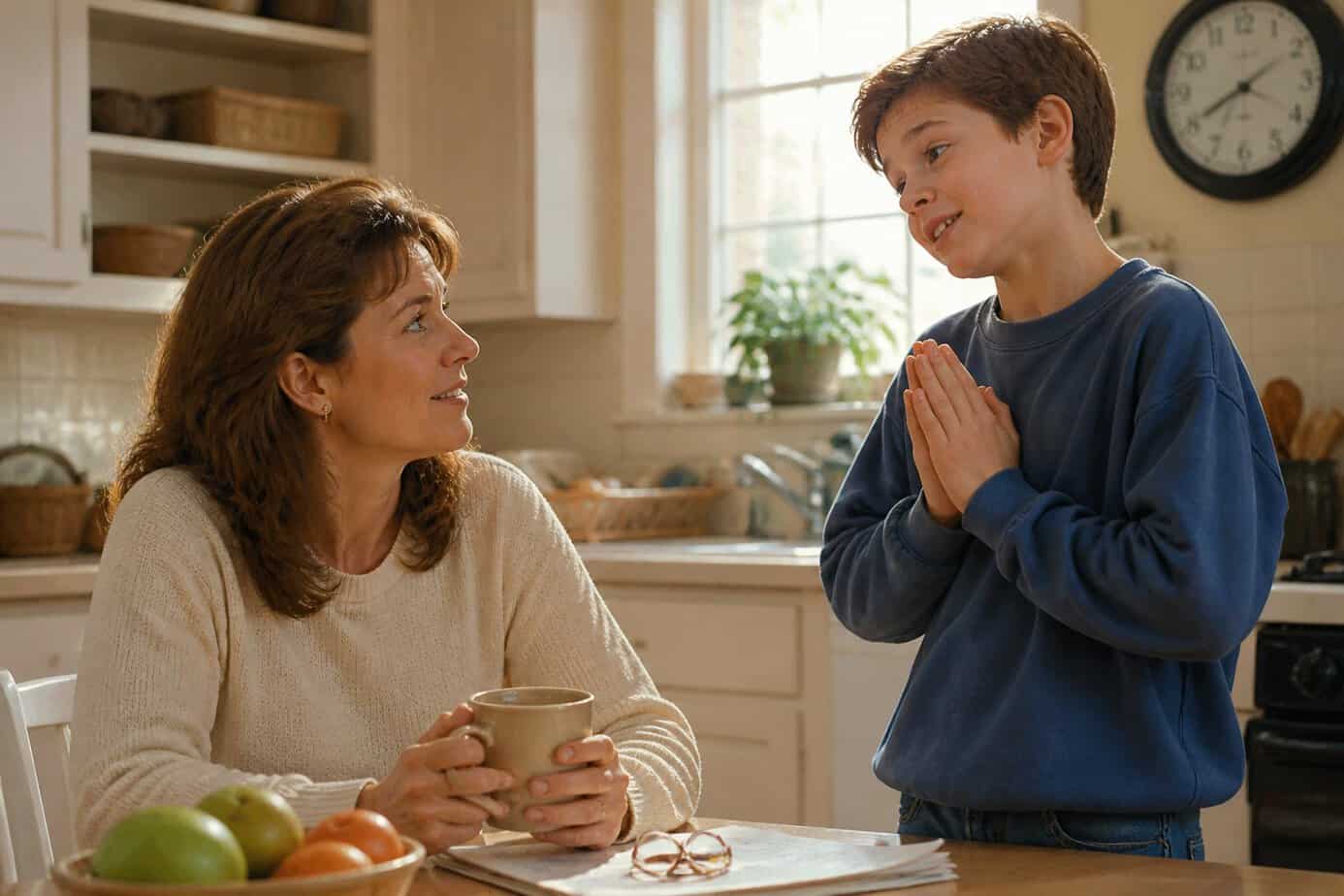 A mother and her young child in a bright kitchen on a Saturday morning, with the child asking the mother for permission while she listens attentively.