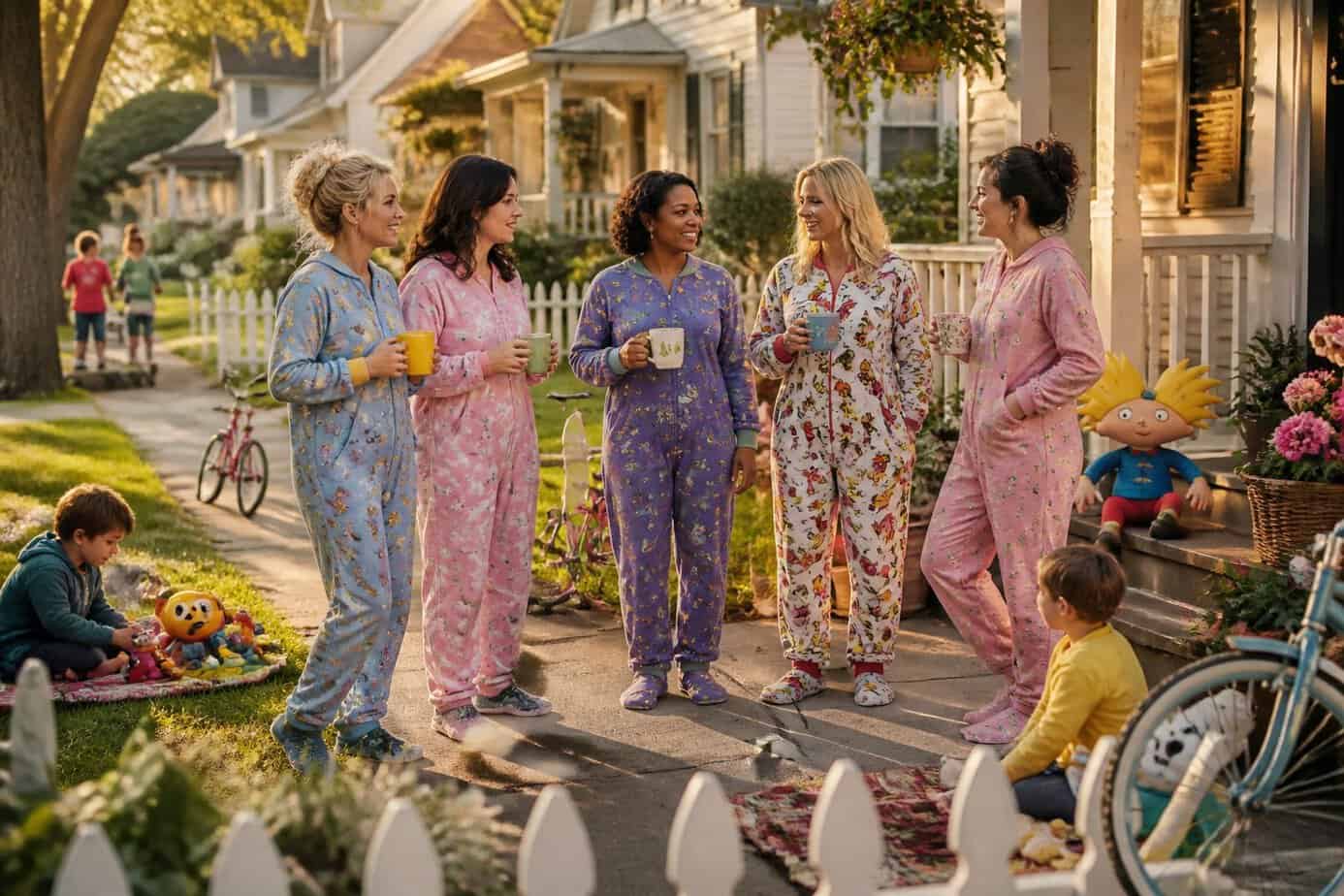 A group of moms wearing colorful footed pajamas standing outside houses in a neighborhood, chatting and holding mugs on a sunny morning.
