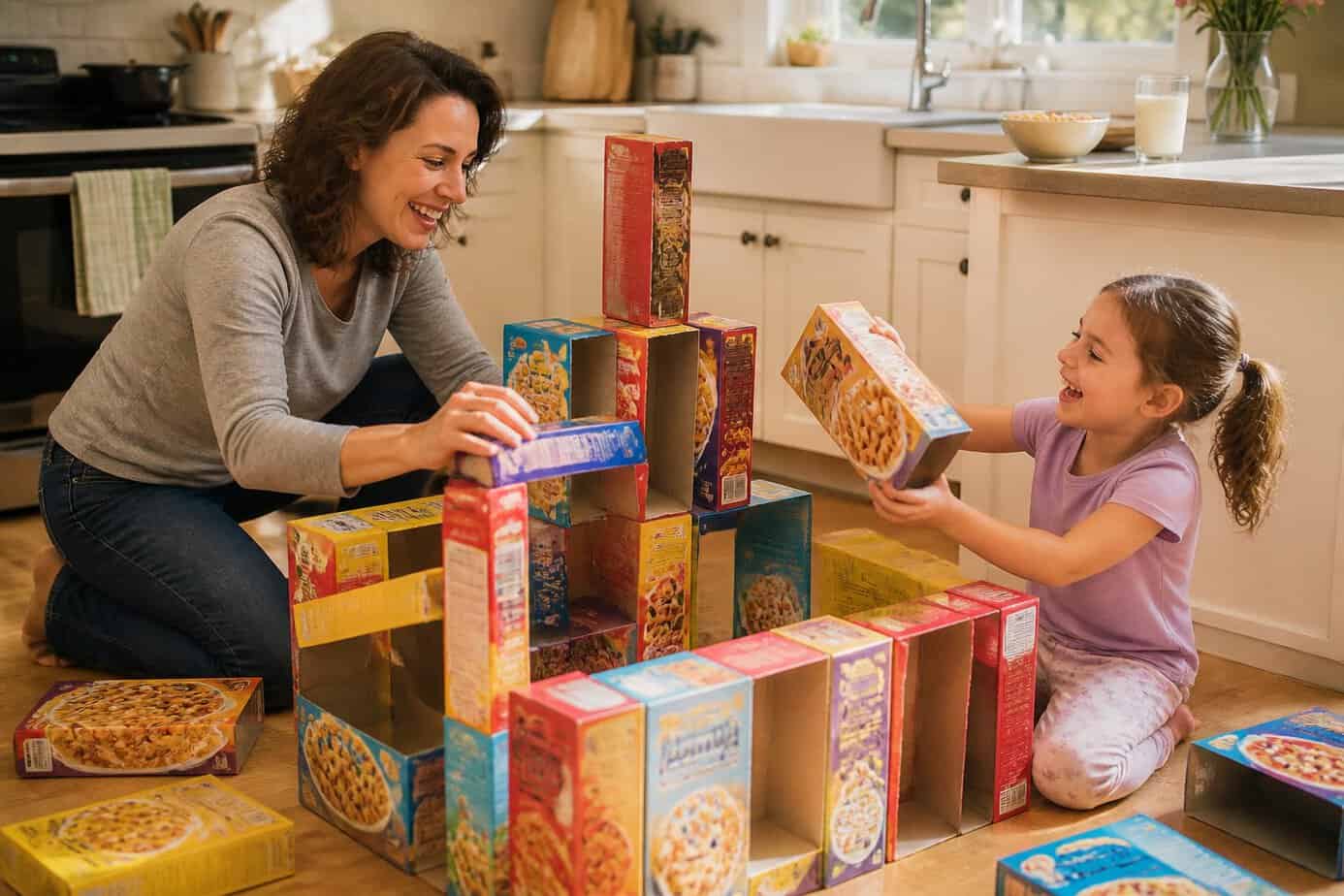 A mom and her young child building a fort from empty cereal boxes on the kitchen floor on a sunny morning.