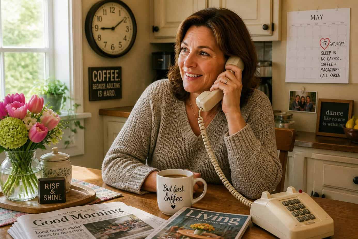 A middle-aged woman sitting at a kitchen table, talking on a landline phone on a bright Saturday morning.
