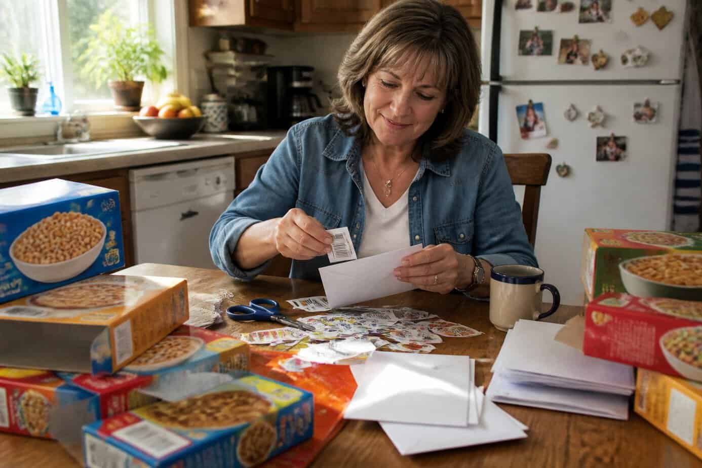 A middle-aged woman sorting cereal box tops and UPC codes at a kitchen table with envelopes and cereal boxes around her.