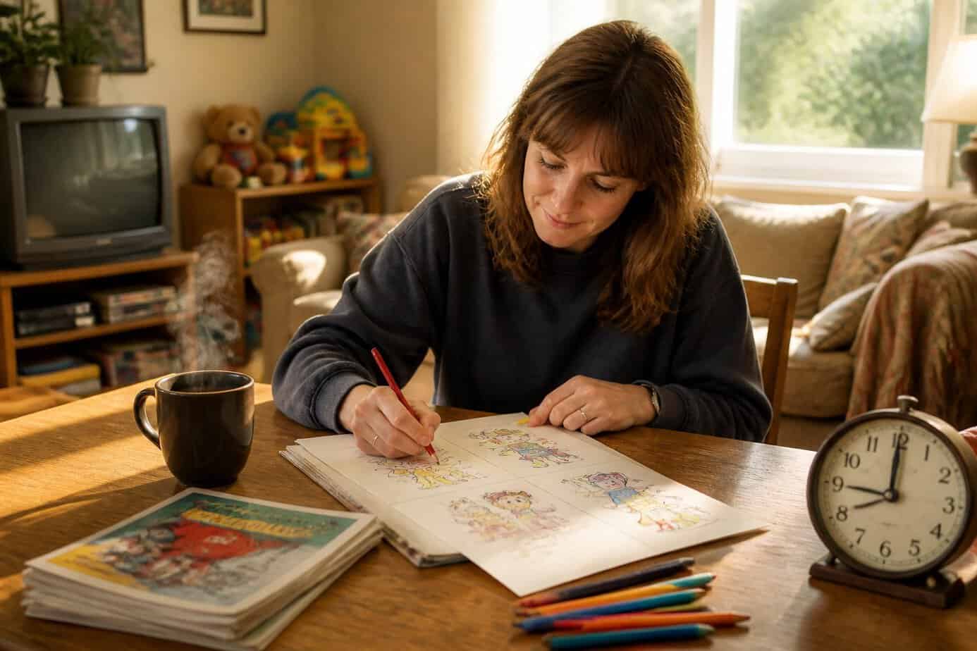 A mom sitting at a table sketching cartoons on paper with a cup of coffee and a vintage clock nearby in a cozy living room.