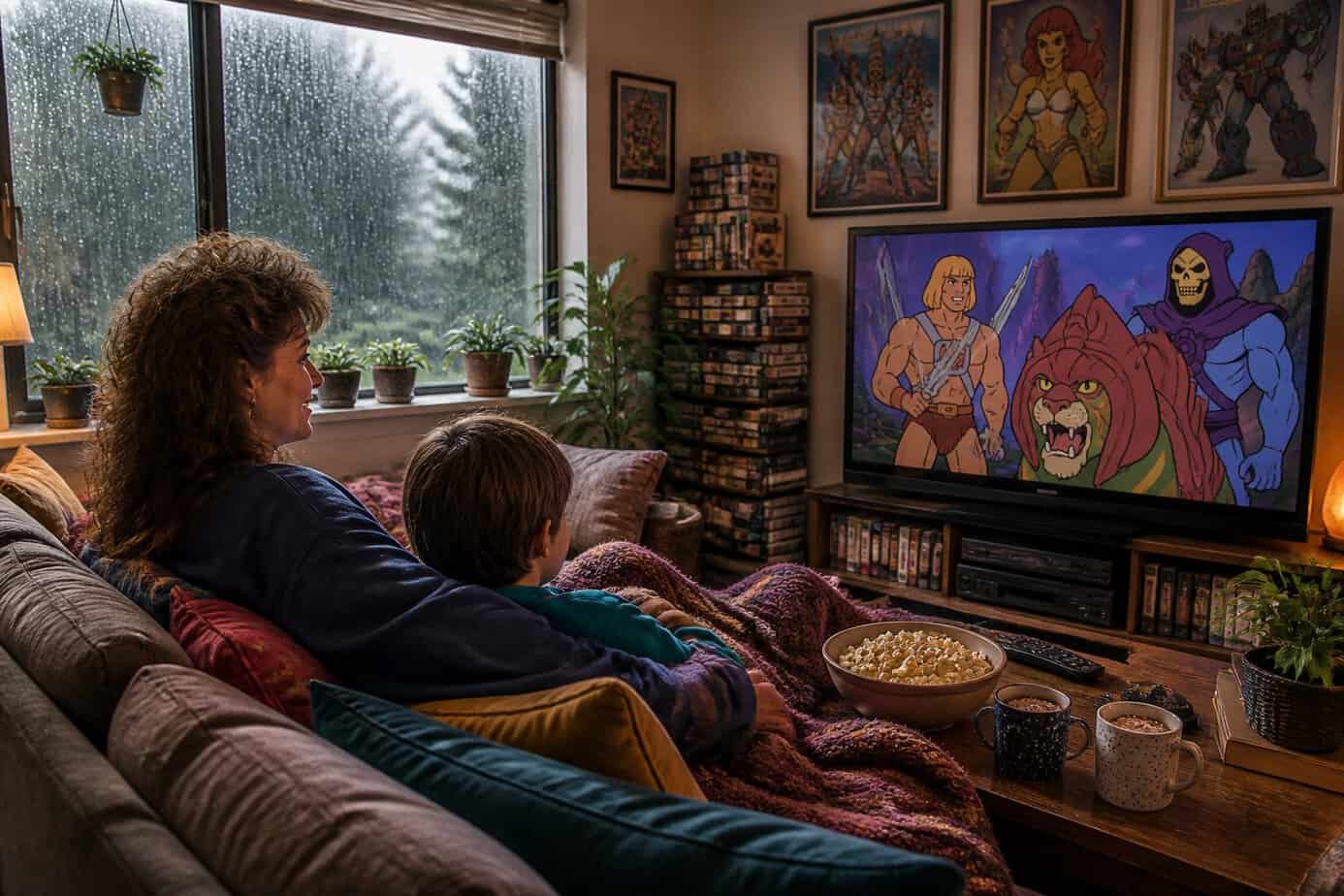 A mother and child sitting on a sofa watching cartoons on TV in a cozy living room on a rainy morning.
