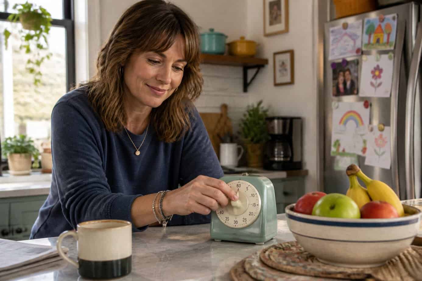 A woman in a kitchen sets a classic kitchen timer on the countertop in the morning.