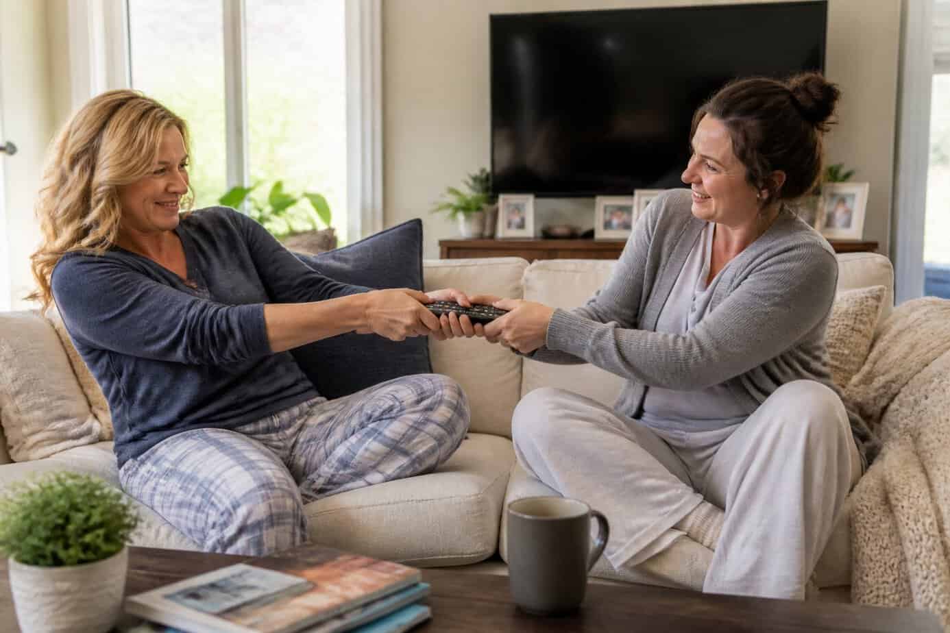 Two women sitting on a sofa playfully arguing over the TV remote in a bright living room.