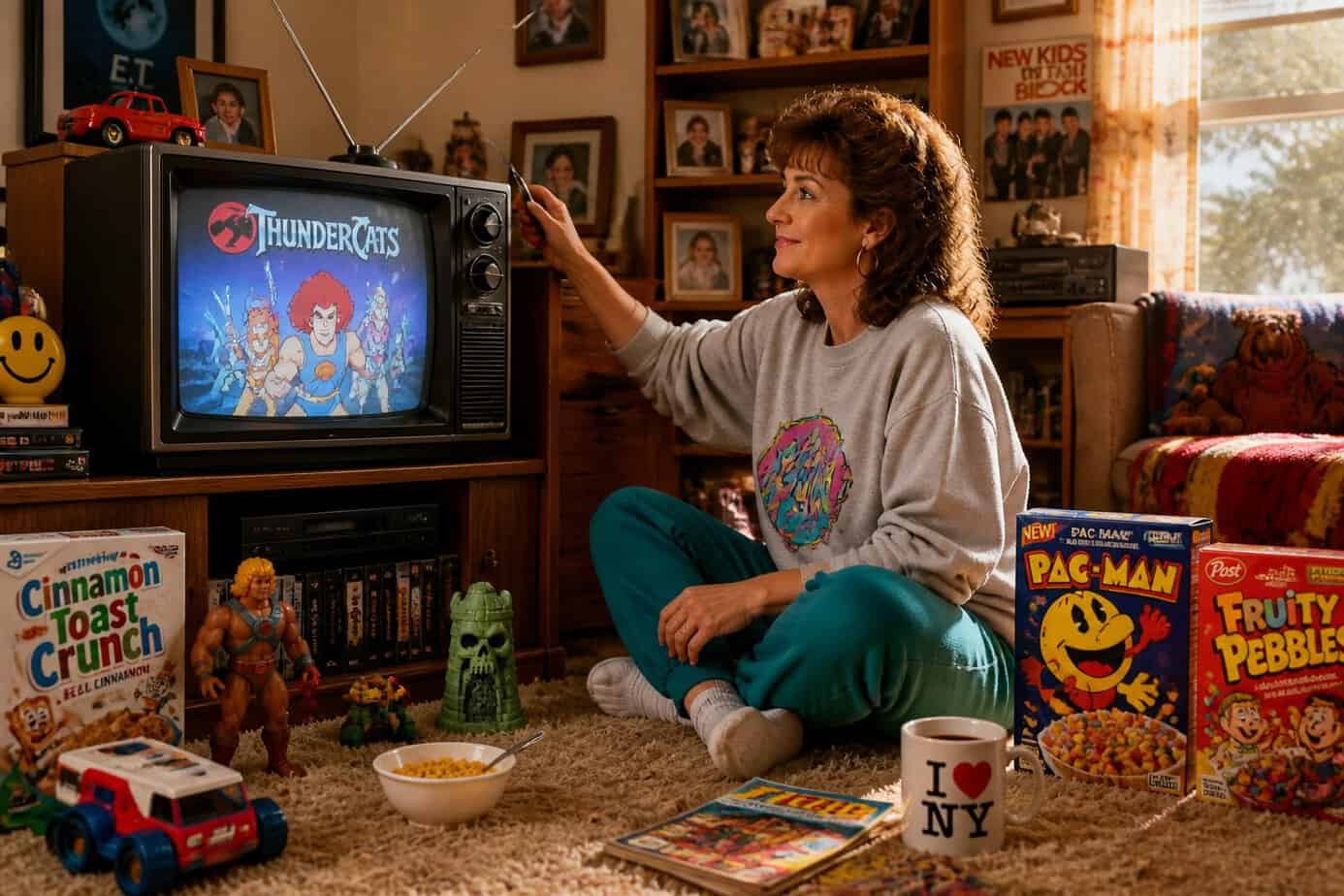 A woman watches a vintage TV with rabbit-ear antennas in a cozy living room filled with toys and cereal boxes.