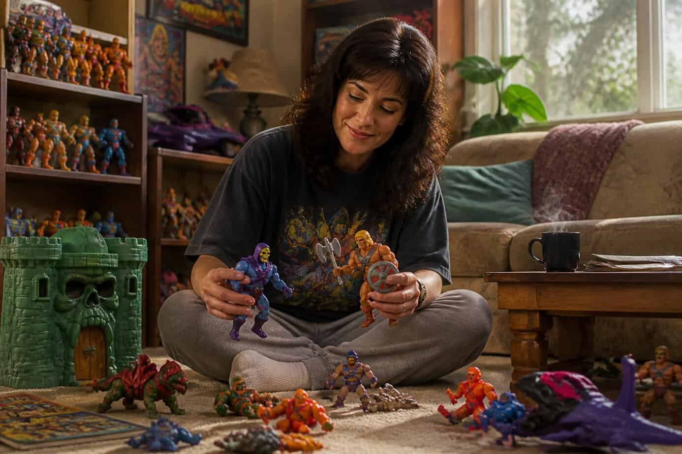 A mom sitting on the living room floor playing with colorful action figures inspired by cartoon heroes.