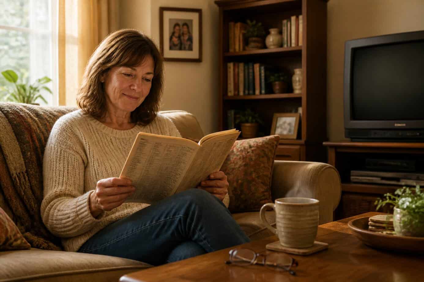 A middle-aged woman sitting on a sofa, reading a TV guide magazine in a cozy living room with morning light.