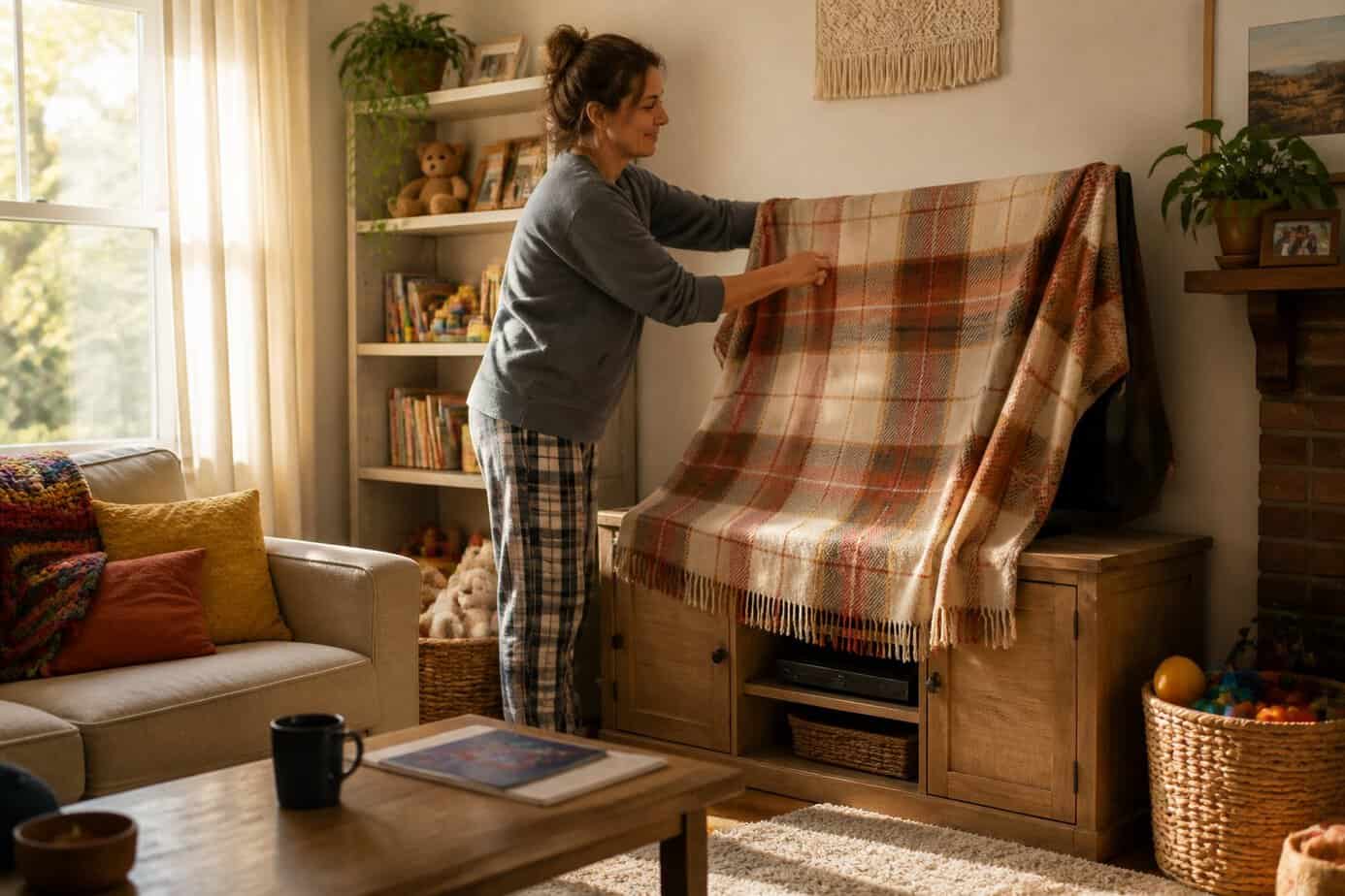 A middle-aged woman placing a blanket over a TV in a cozy living room during a sunny morning.