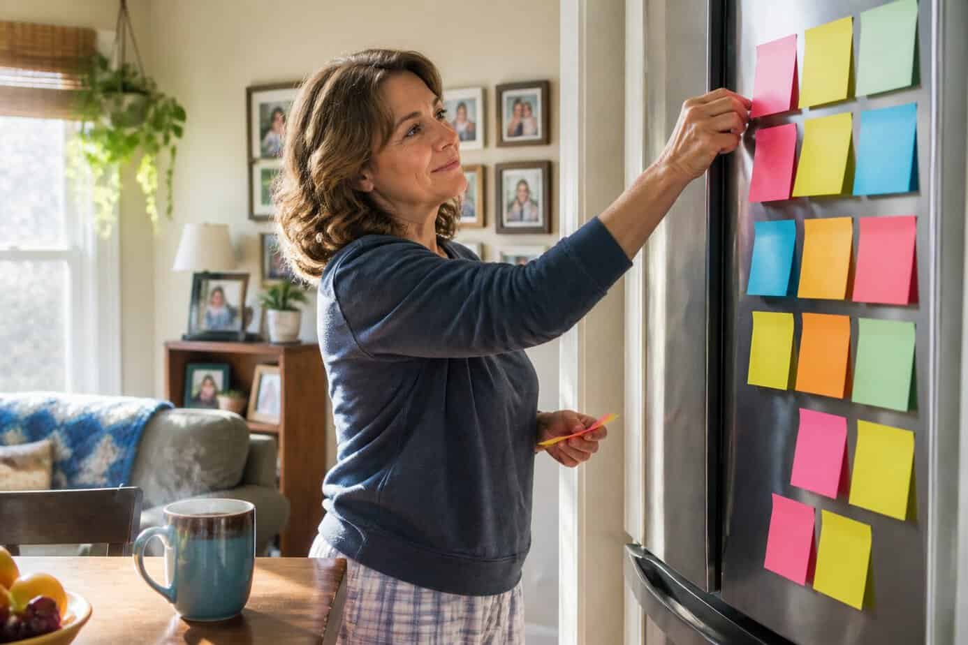 A middle-aged woman placing colorful sticky notes on a wall in a cozy home, marking her favorite shows to watch on a Saturday morning.