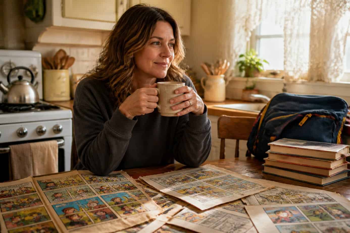 A woman in her 40s sitting at a kitchen table with coffee and torn comic strips from Sunday newspapers spread out in front of her.