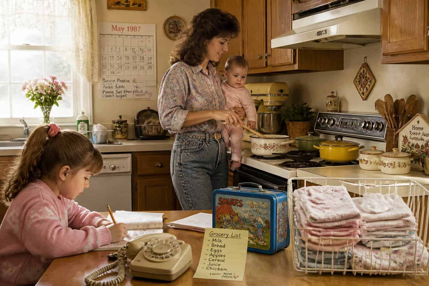A mother in a 1980s kitchen preparing a meal with vintage appliances and household items around her.