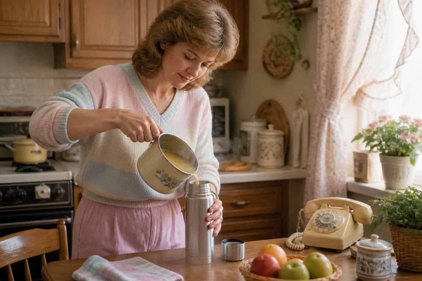 A mother pouring hot soup into a thermos in a kitchen to prepare for her sick child.