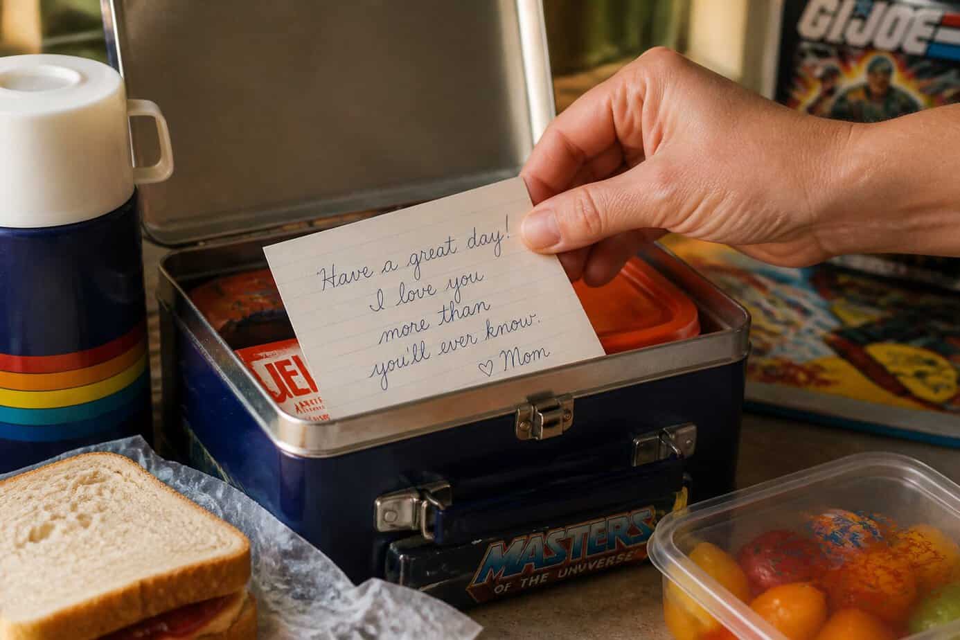 A hand placing a handwritten note inside an open lunchbox on a kitchen counter.