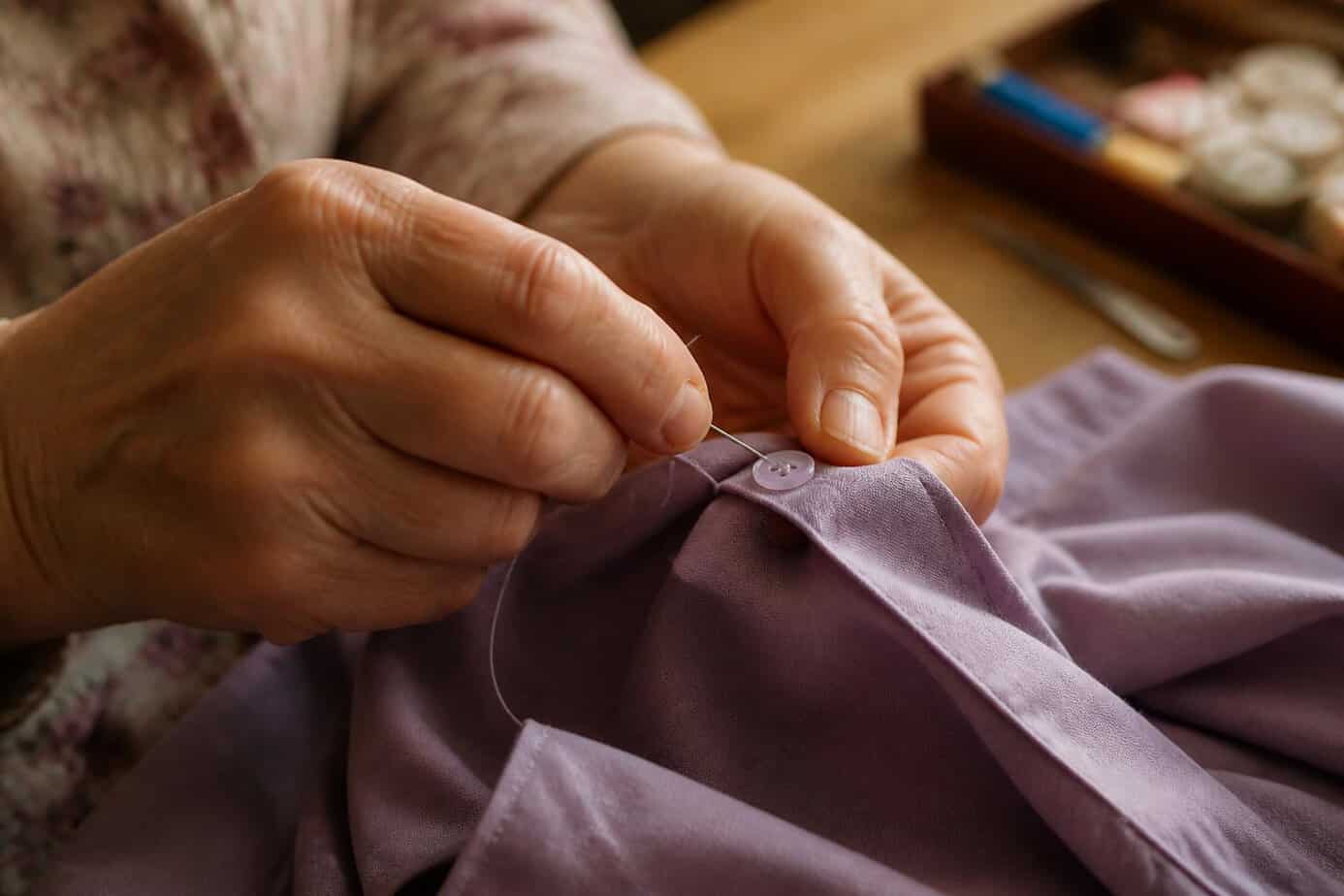 Hands sewing a missing button onto a piece of clothing with a needle and thread.